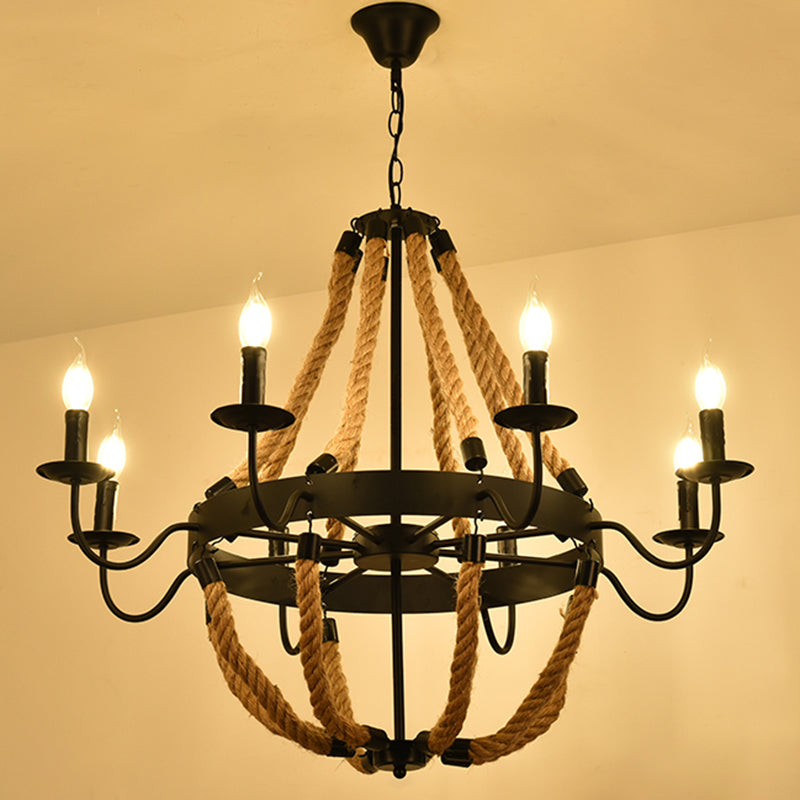 Circular Iron Ceiling Lighting Industrial Restaurant Chandelier Light Fixture with Hemp Rope in Black