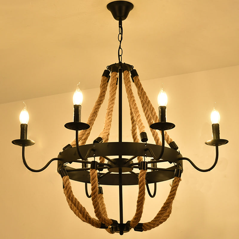 Circular Iron Ceiling Lighting Industrial Restaurant Chandelier Light Fixture with Hemp Rope in Black