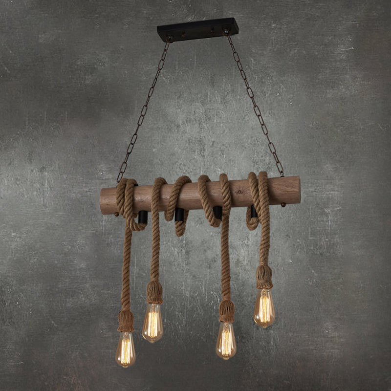 4 Heads Island Pendant Light Antique Exposed Bulb Hemp Rope Ceiling Lighting in Wood