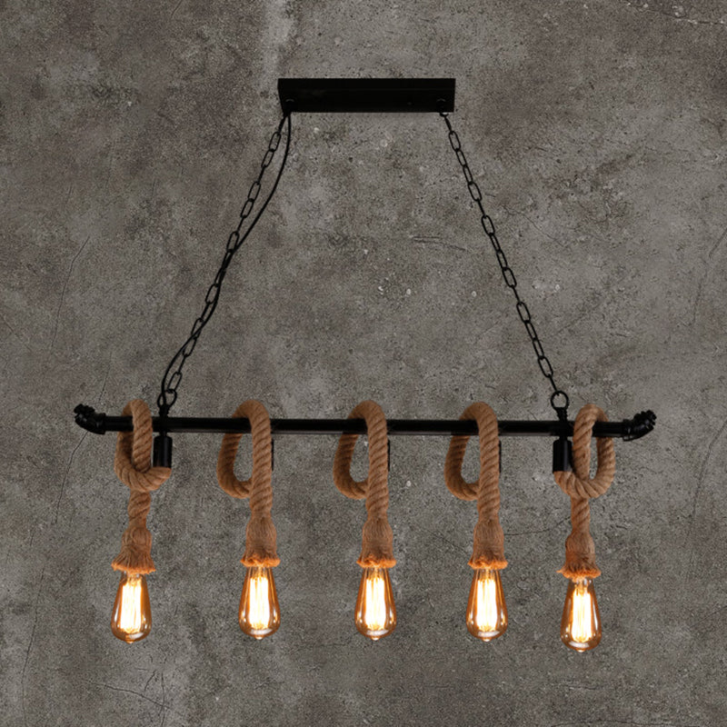 Water Pipe Metallic Hanging Lamp Rustic Style Restaurant Island Chandelier Light with Hemp Rope in Black