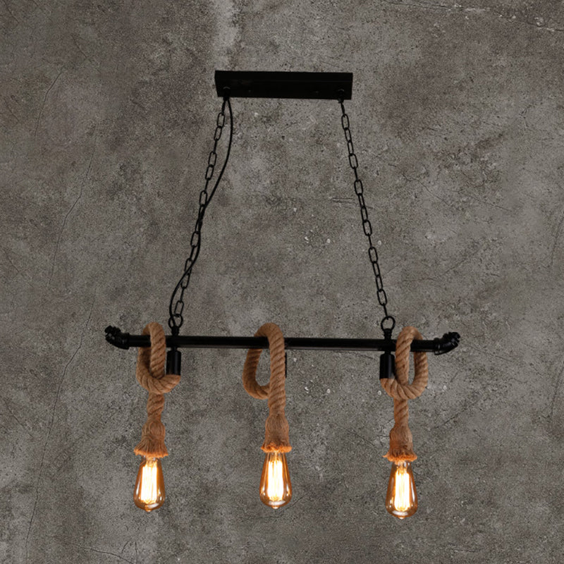 Water Pipe Metallic Hanging Lamp Rustic Style Restaurant Island Chandelier Light with Hemp Rope in Black
