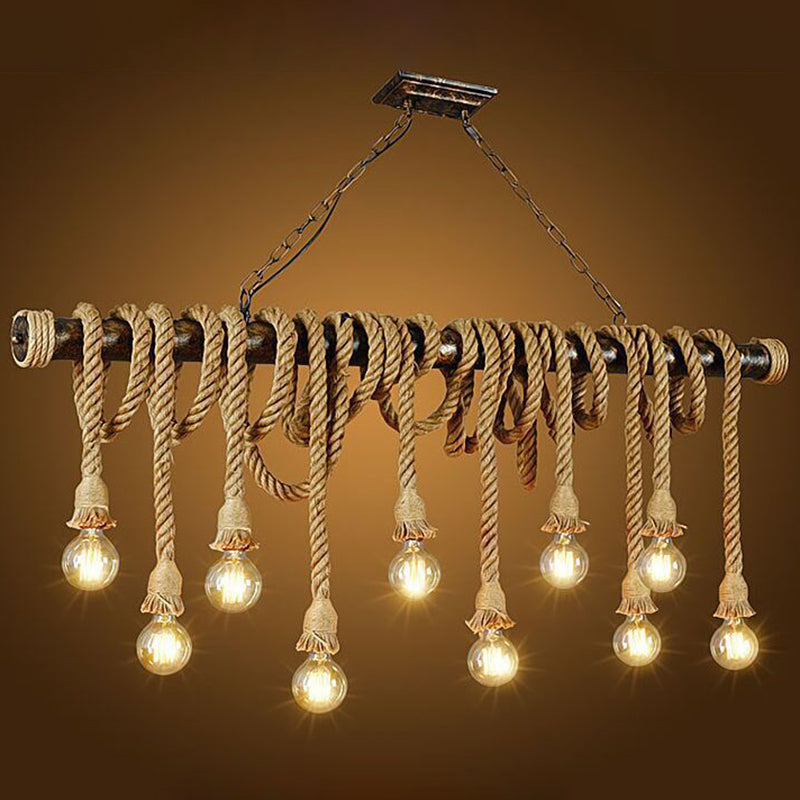 Hemp Rope Exposed Bulb Island Light Fixture Retro Restaurant Ceiling Pendant Light in Flaxen