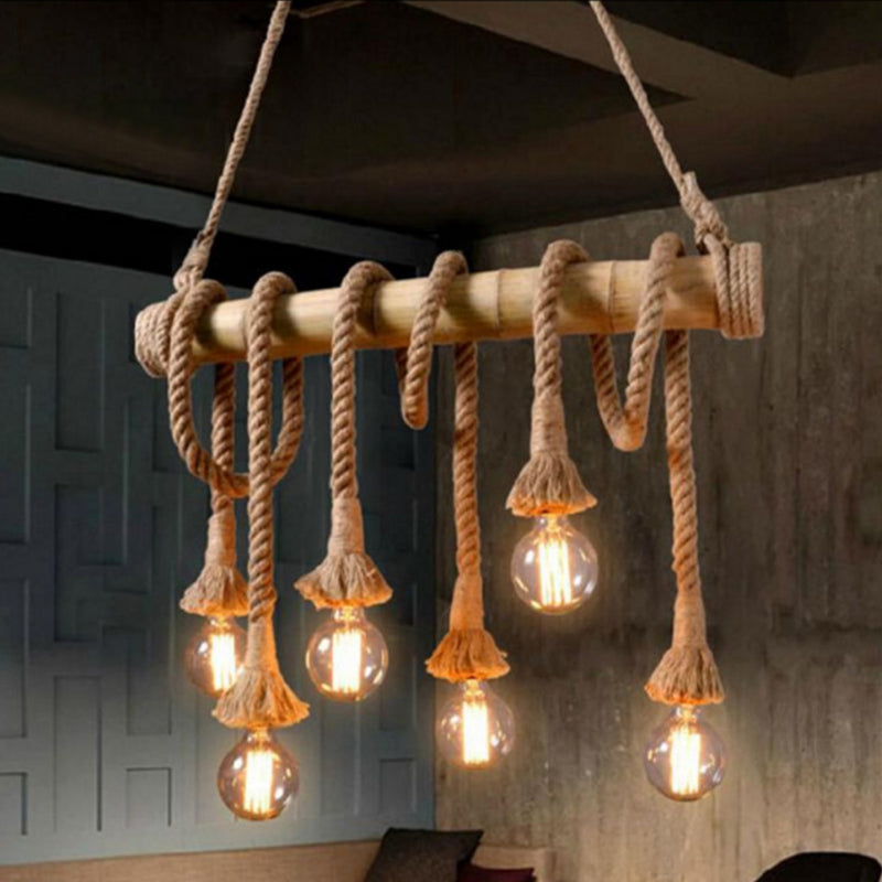 Flaxen Exposed Bulb Hanging Light Rustic Restaurant Island Ceiling Light with Bamboo Tube