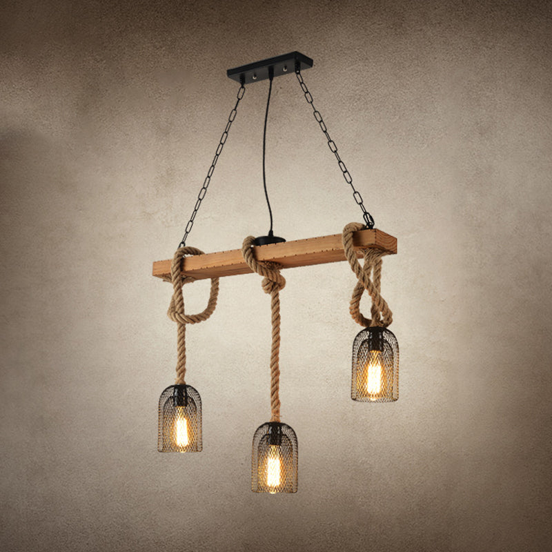 Metallic Elongated Dome Hanging Lamp Antique Restaurant Island Chandelier Light with Hemp Rope in Wood