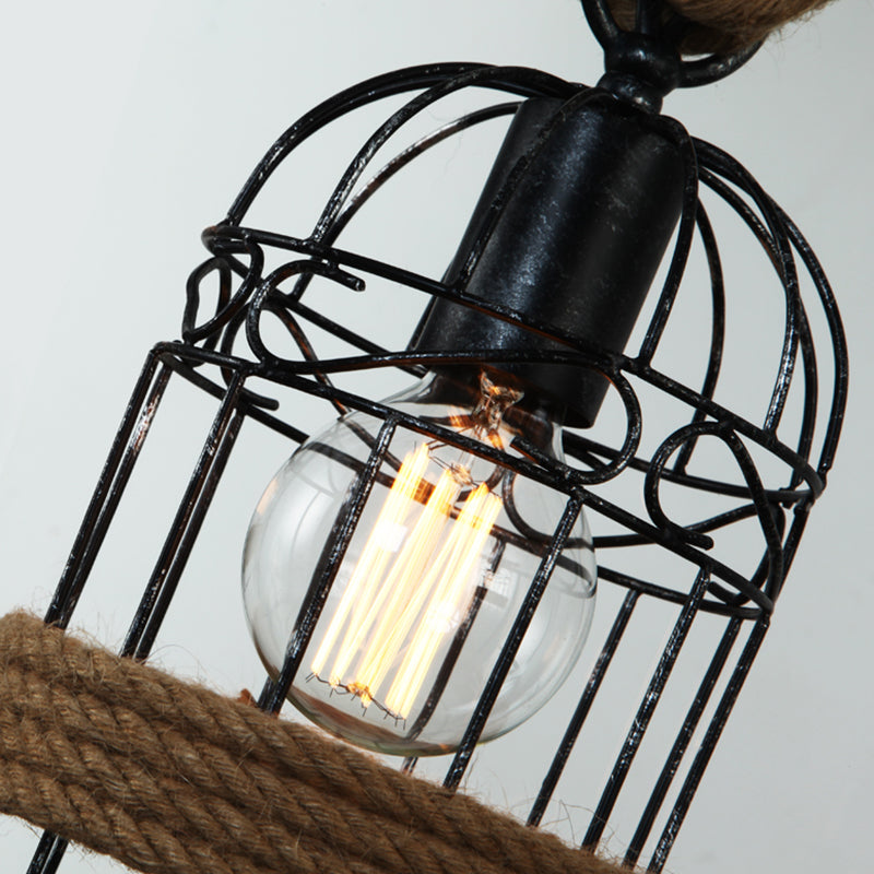 Flaxen 3 Bulbs Suspension Lighting Retro Metallic Birdcage Island Ceiling Light with Hemp Rope