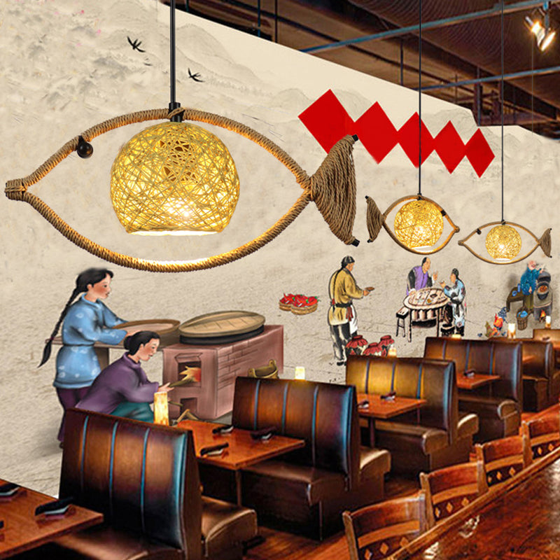 Hennep touw visophanging verlichting retro restaurant hanger plafondlicht met bol rattan schaduw in bruin