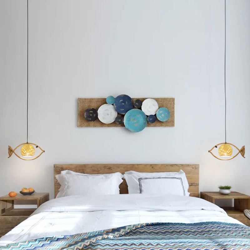 Hennep touw visophanging verlichting retro restaurant hanger plafondlicht met bol rattan schaduw in bruin