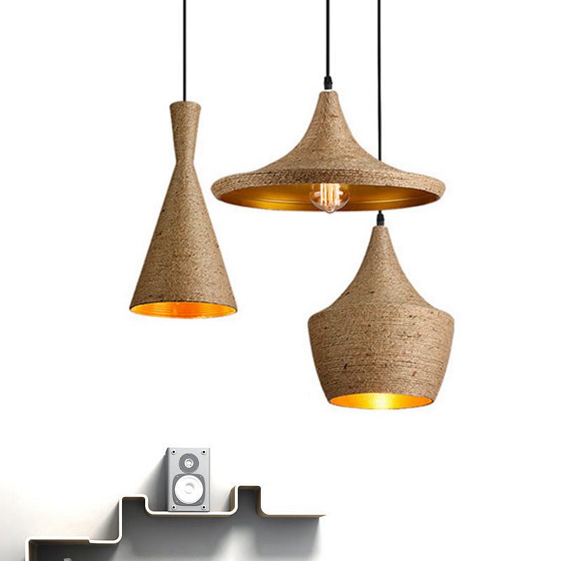 Geometrical Restaurant Suspension Lighting Retro Hemp Rope Single Brown Pendant Ceiling Light
