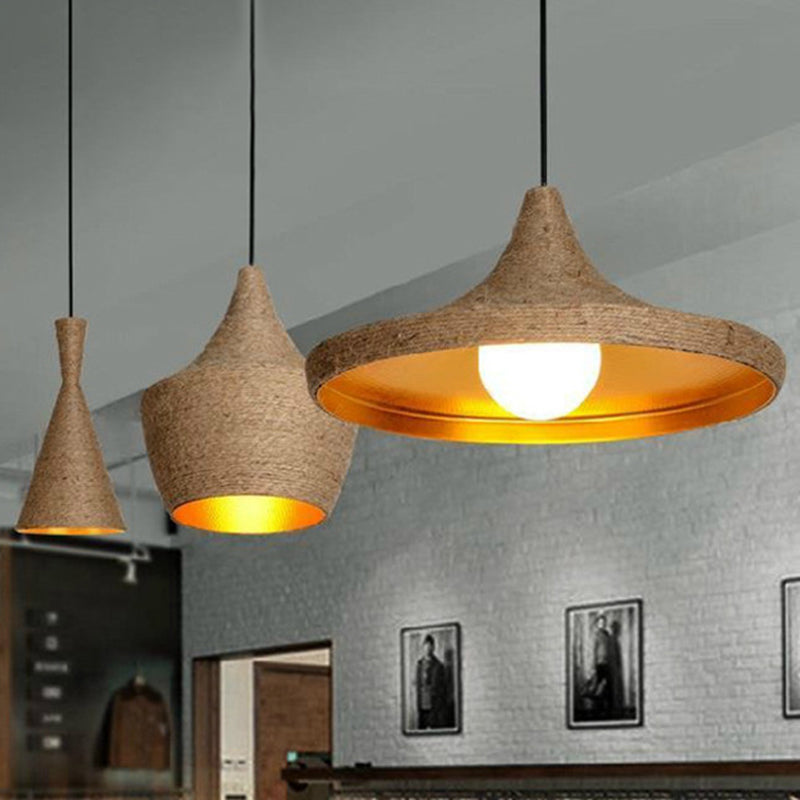 Geometrical Restaurant Suspension Lighting Retro Hemp Rope Single Brown Pendant Ceiling Light