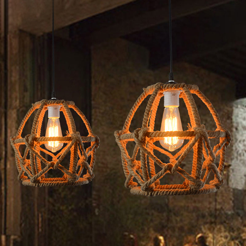 Globe Cage Hennep Rope Hanglamp Antiek 1-licht restaurant Hangende verlichtingsarmatuur in bruin