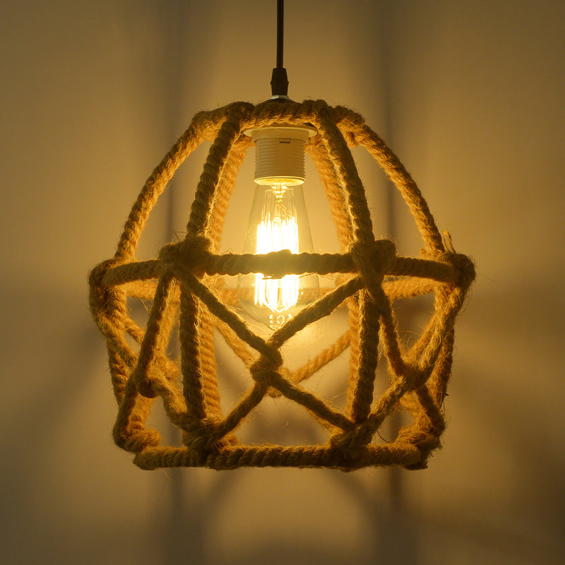 Globe Cage Hennep Rope Hanglamp Antiek 1-licht restaurant Hangende verlichtingsarmatuur in bruin