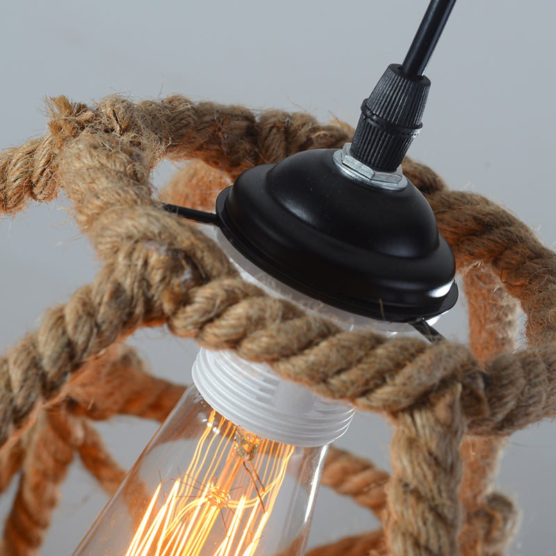 Globe Cage Hemp Rope Pendant Light Antique 1-Light Restaurant Hanging Light Fixture in Brown