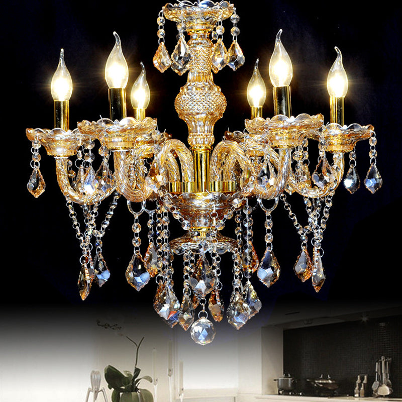 6 têtes Pyramide Pendant le lustre de lustre Mid-Century Crystal suspendu plafond plafond en or