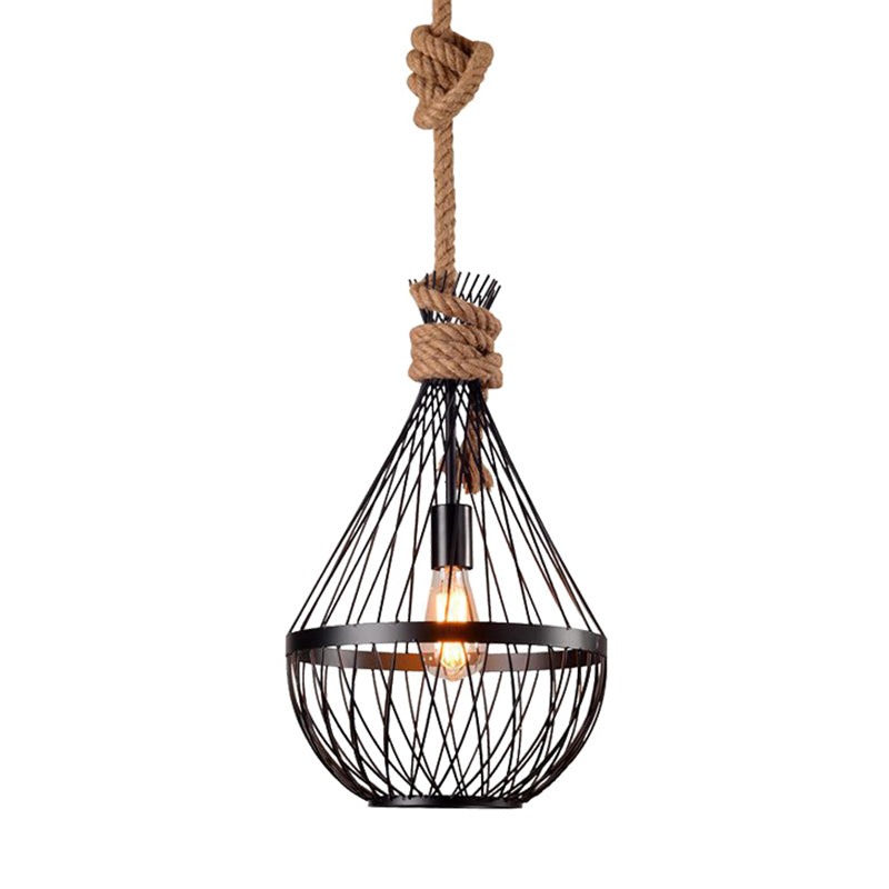 Pear-Shaped Iron Suspension Lighting Retro 1 Head Restaurant Pendant Ceiling Light with Hemp Rope in Black