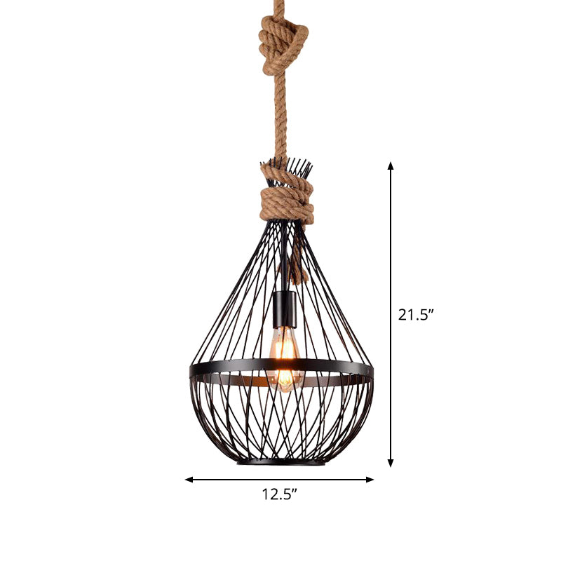 Pear-Shaped Iron Suspension Lighting Retro 1 Head Restaurant Pendant Ceiling Light with Hemp Rope in Black