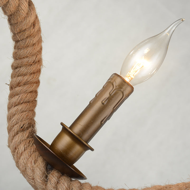 3 Heads Island Pendant Light Vintage Candlestick Iron Ceiling Light with Hemp Rope in Flaxen