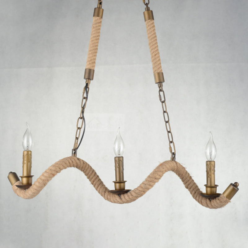 3 Heads Island Pendant Light Vintage Candlestick Iron Ceiling Light with Hemp Rope in Flaxen