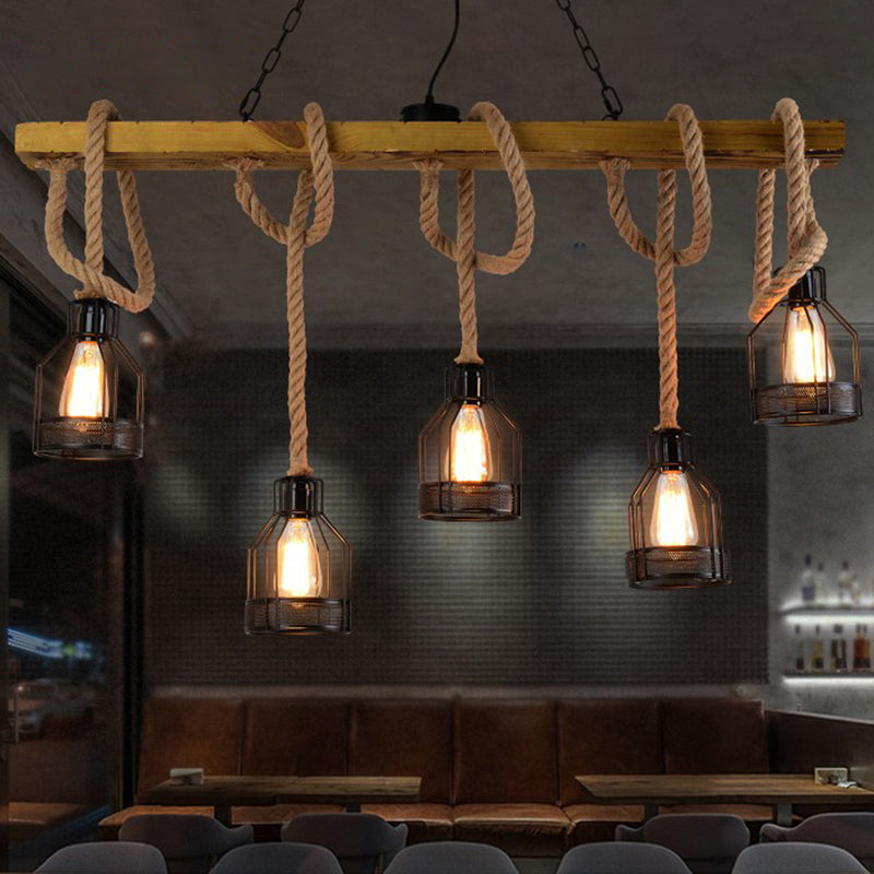Wood Dangling Island Light Fixture Rustic 5 Heads Restaurant Ceiling Pendant Light with Cage