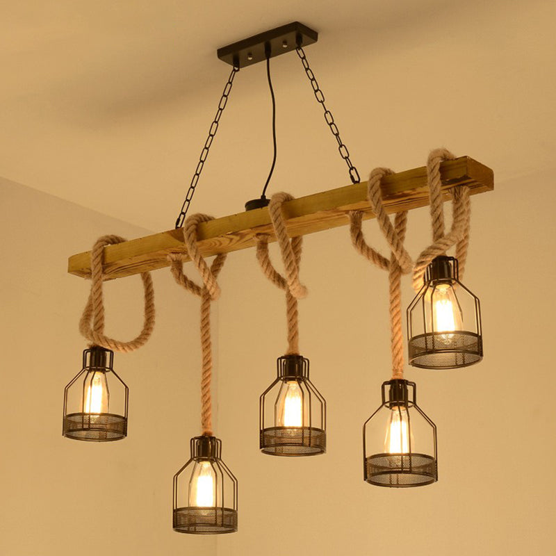Wood Dangling Island Light Fixture Rustic 5 Heads Restaurant Ceiling Pendant Light with Cage