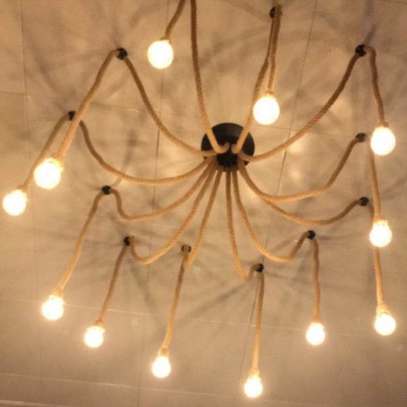 Hemp Rope Spider Suspension Light Rustic Restaurant Chandelier Lighting in Flaxen
