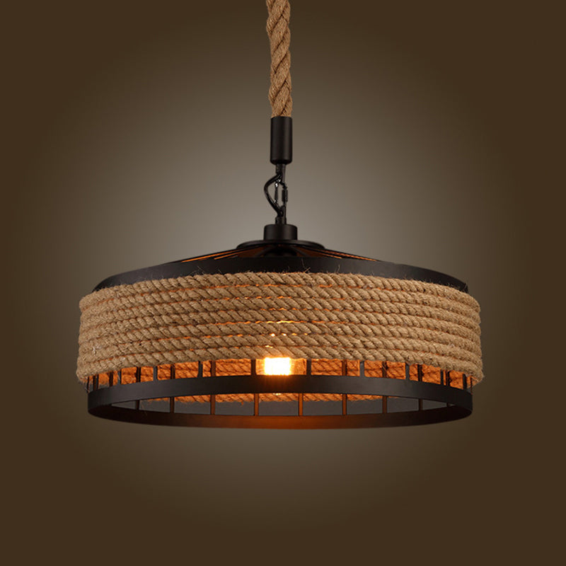 Hemp Rope Yurt Hanging Light Rustic 1 Bulb Restaurant Pendant Light Fixture in Black