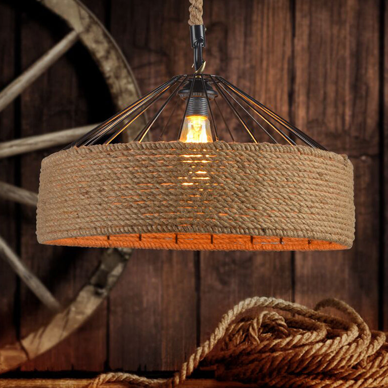 Drum Restaurant Pendant Light Antique Handmade Hemp Rope Single Flaxen Hanging Light Fixture