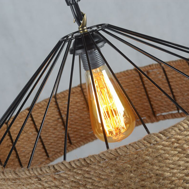 Drum Restaurant Pendant Light Antique Handmade Hemp Rope Single Flaxen Hanging Light Fixture