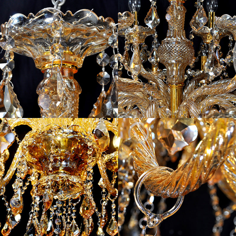 6 têtes Pyramide Pendant le lustre de lustre Mid-Century Crystal suspendu plafond plafond en or