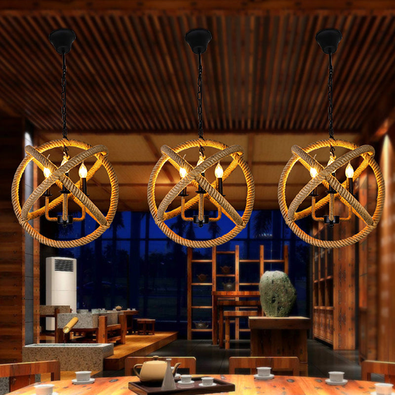 Sfera di illuminazione della sospensione di flaxen di corda di canapa 3 lampadine a sospensione a sospensione con candela metallica