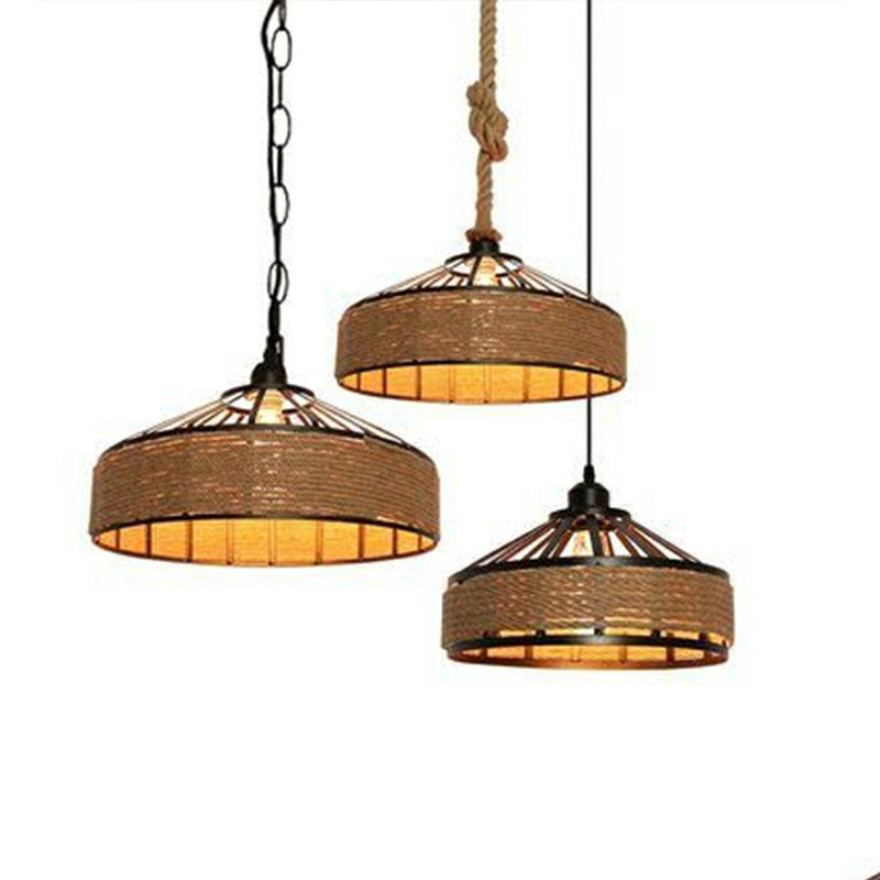 Retro Style Yurt Suspension Lighting 1 Head Hemp Rope Pendant Ceiling Light in Brown