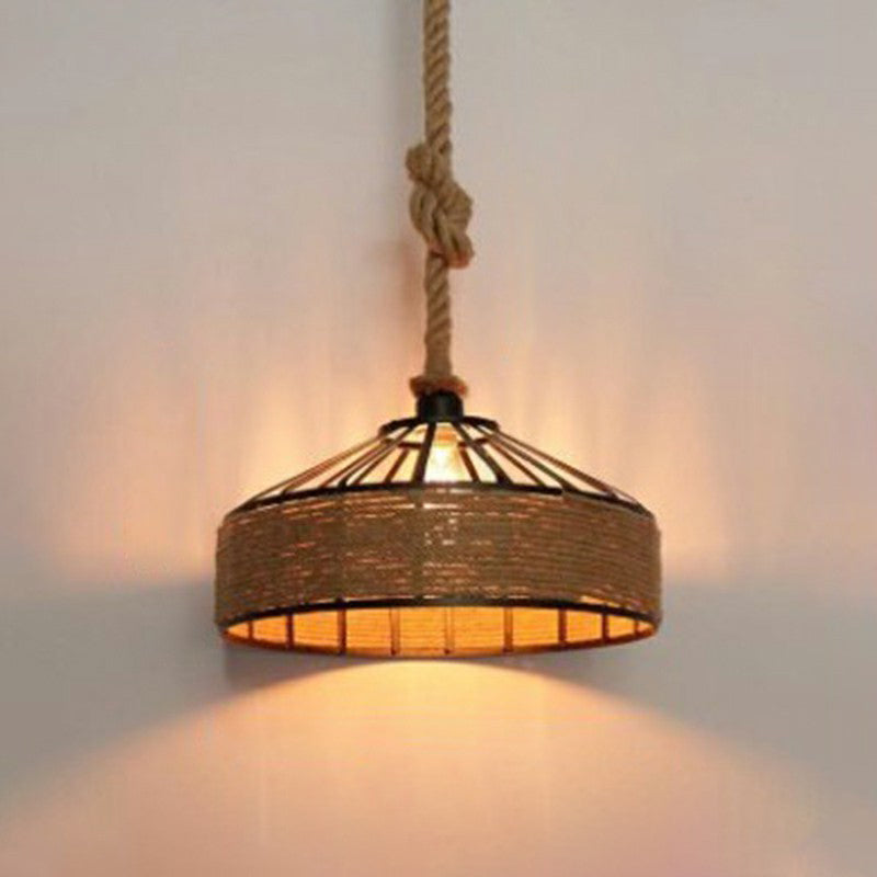 Retro Style Yurt Suspension Lighting 1 Head Hemp Rope Pendant Ceiling Light in Brown