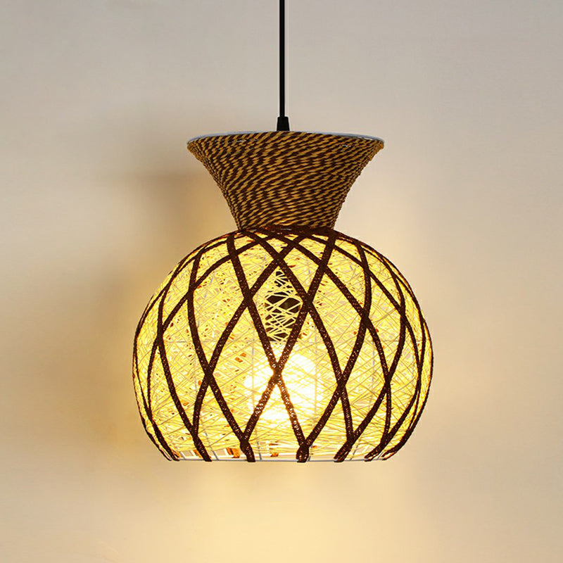 Hemp Rope Shaded Pendant Light Antique 1-Light Restaurant Hanging Light Fixture in Brown