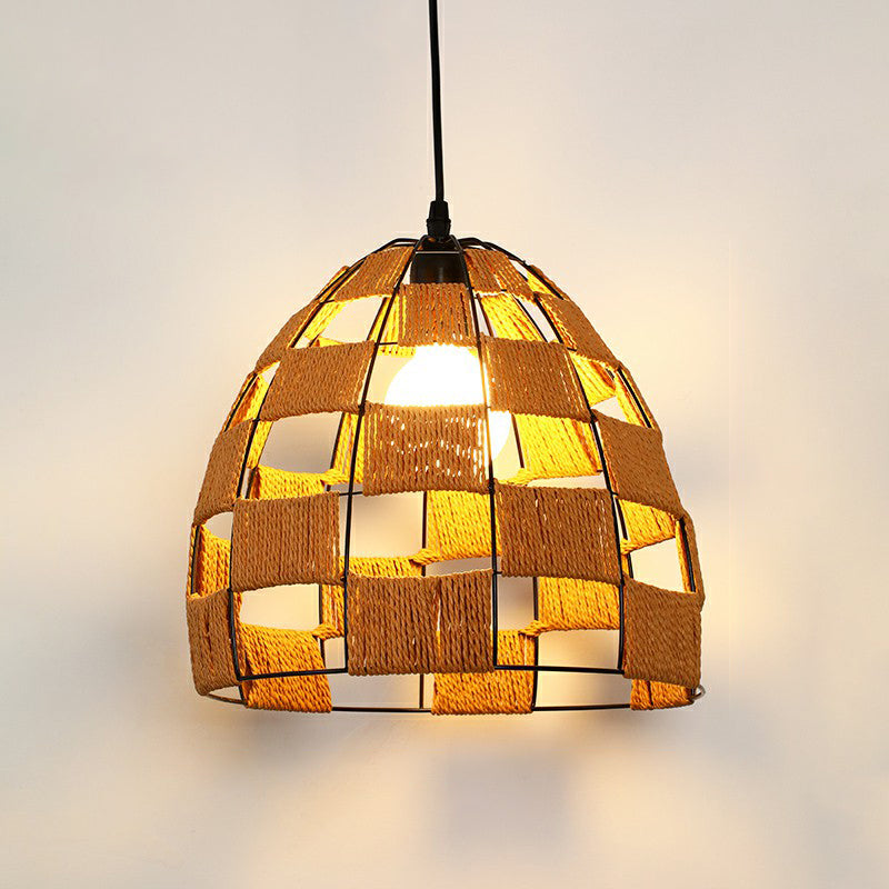 Hemp Rope Shaded Pendant Light Antique 1-Light Restaurant Hanging Light Fixture in Brown