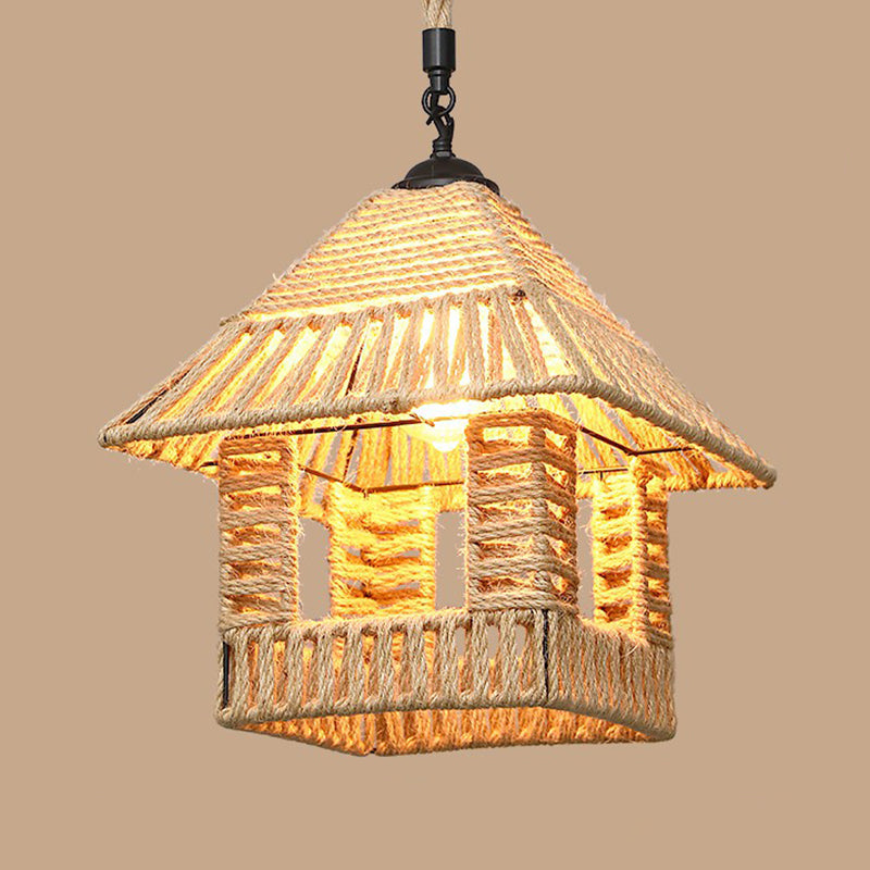 1 Bulb Hanging Light Rustic Style Wrapped Hemp Rope Pendant Light Fixture in Brown