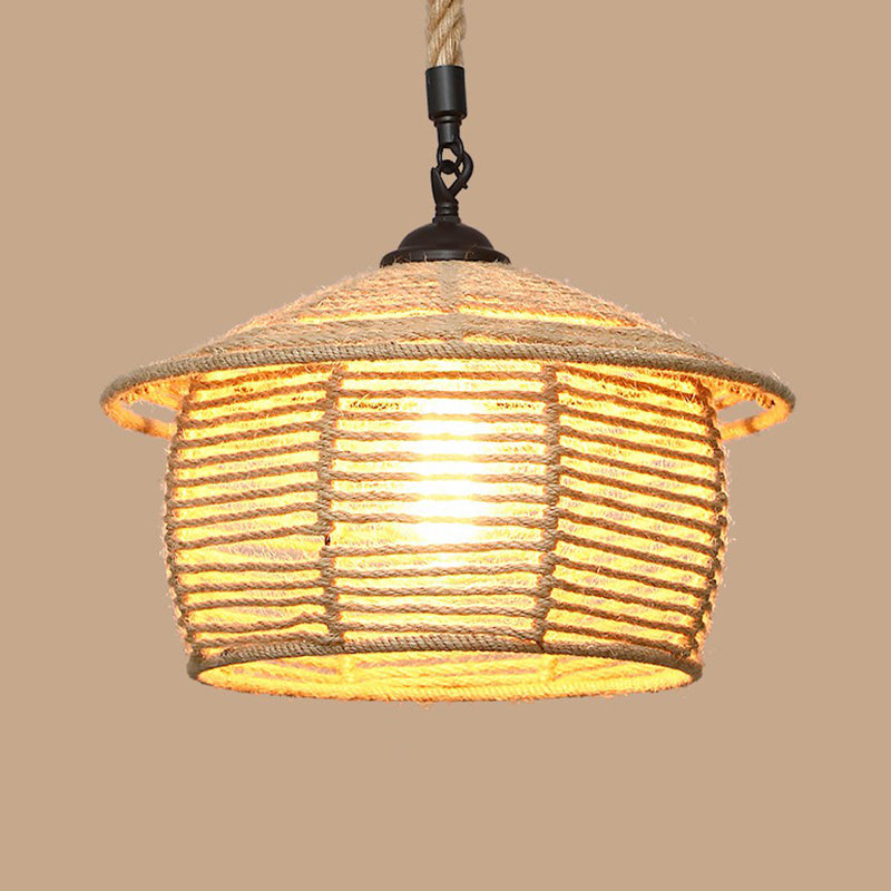 1 Bulb Hanging Light Rustic Style Wrapped Hemp Rope Pendant Light Fixture in Brown