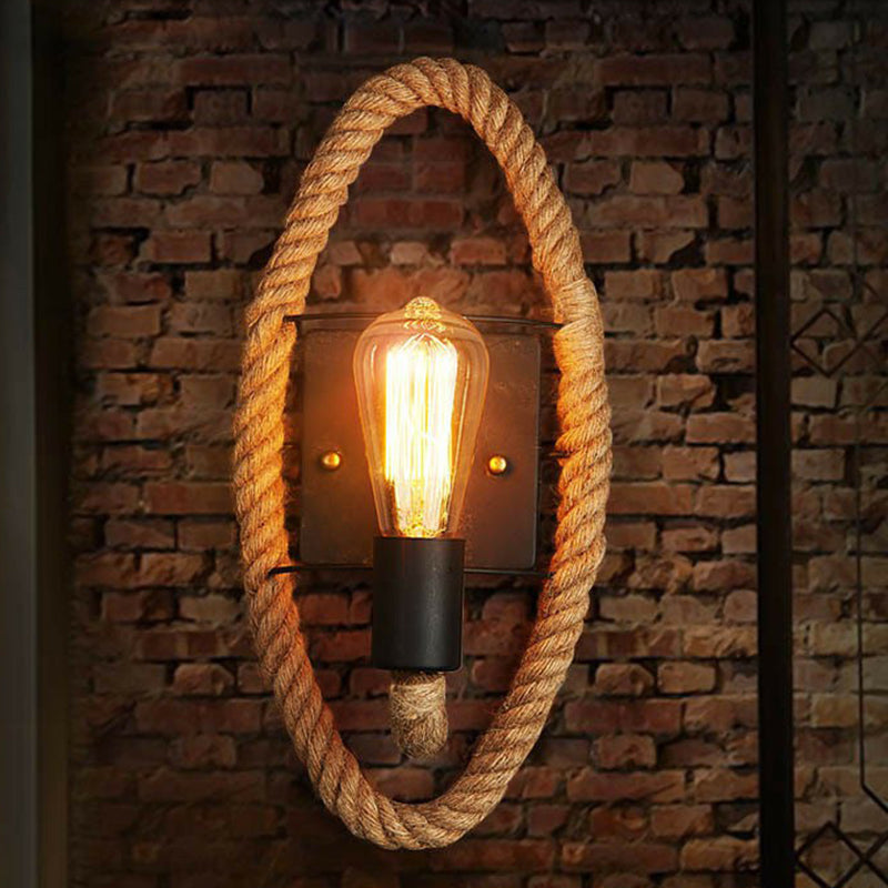 Black Open Bulb Wall Lamp Industrial Iron Single-Bulb Corridor Wall Mounted Light with Hemp Rope