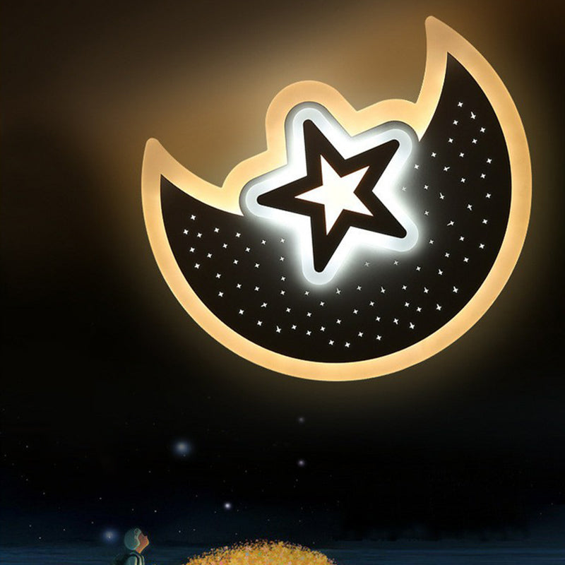 Crescent and Star Flush Ceiling Light Contemporary Acrylic White LED Flush Mount Lighting Fixture