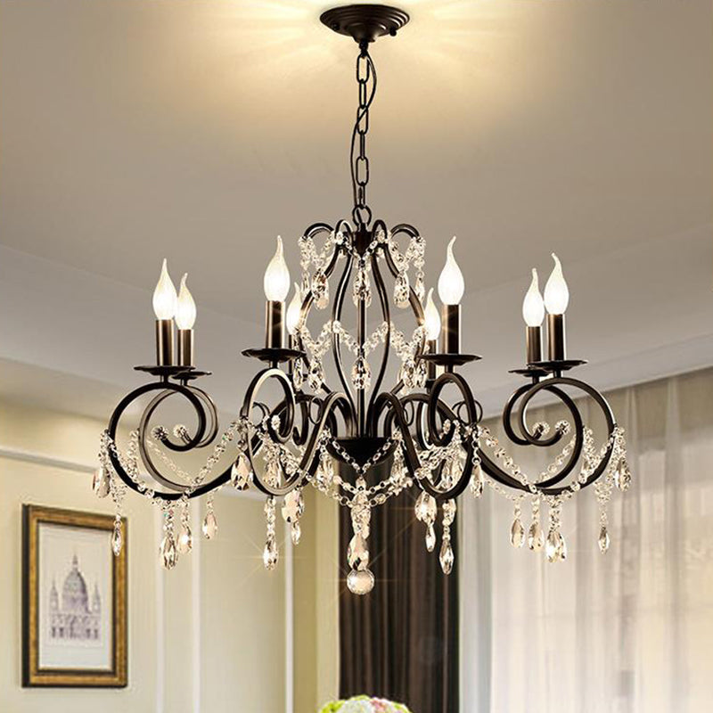 Modern 6/8 Bulbs Chandelier Lamp Black Candle Pendant Light Fixture with Crystal Shade
