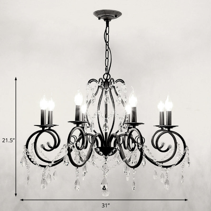 Modern 6/8 Bulbs Chandelier Lamp Black Candle Pendant Light Fixture with Crystal Shade
