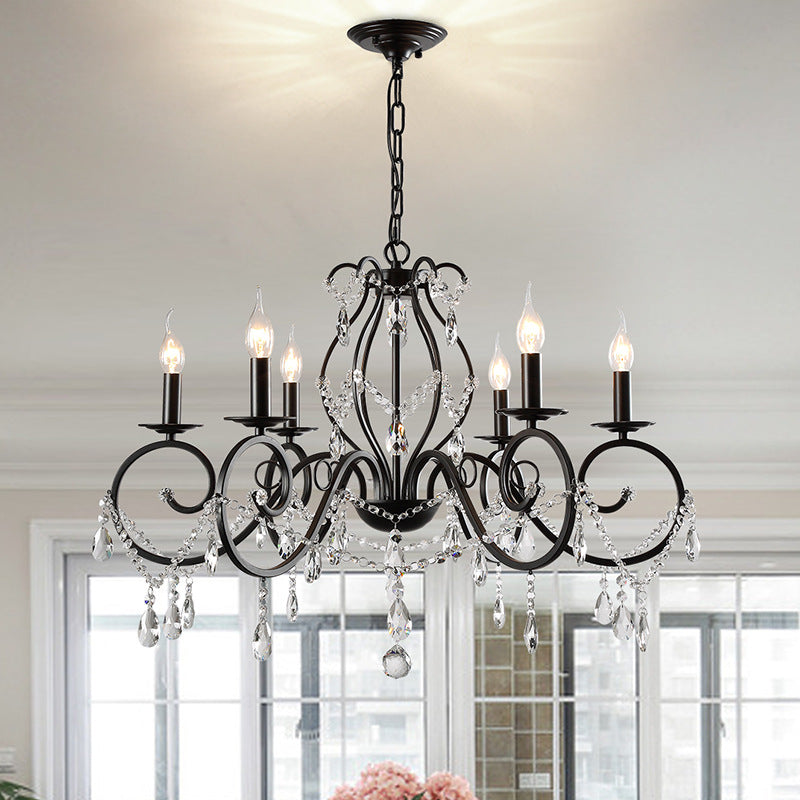 Modern 6/8 Bulbs Chandelier Lamp Black Candle Pendant Light Fixture with Crystal Shade
