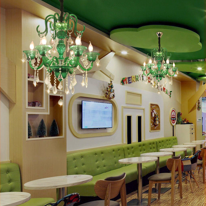 6 Köpfe Wohnzimmer Anhänger Kronleuchter Retro grünes hängendes Lichtkit mit Zweigkristallschatten