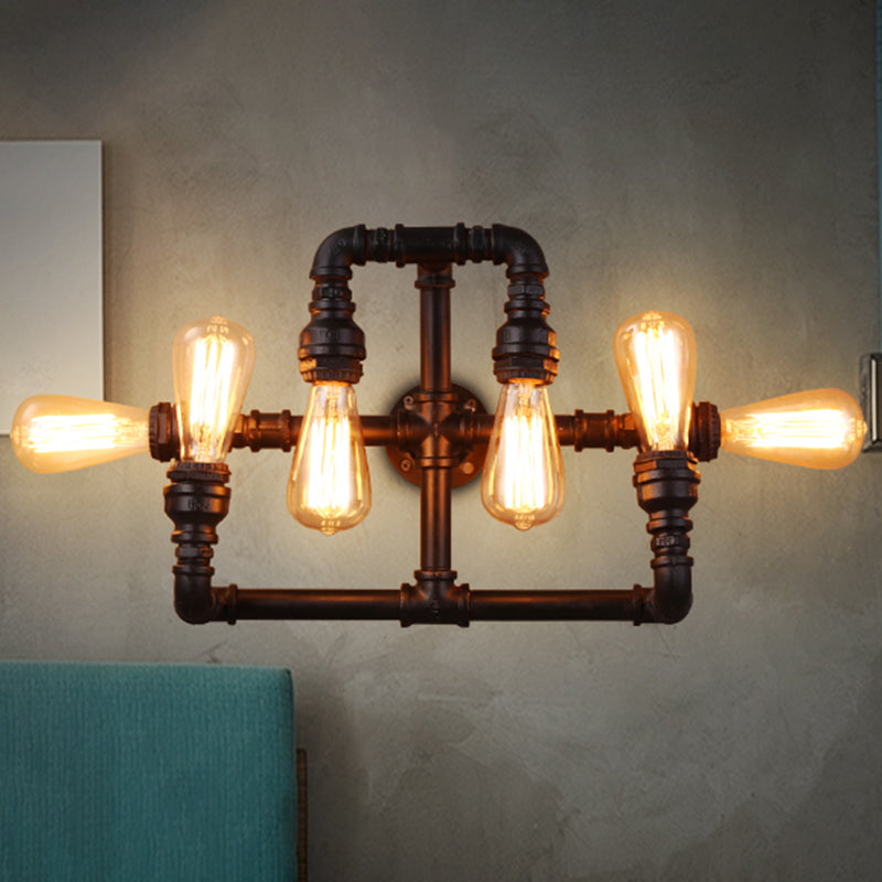 Antique Style Pipe Wall Lighting 6 Heads Iron Wall Mount Light in Black for Restaurant