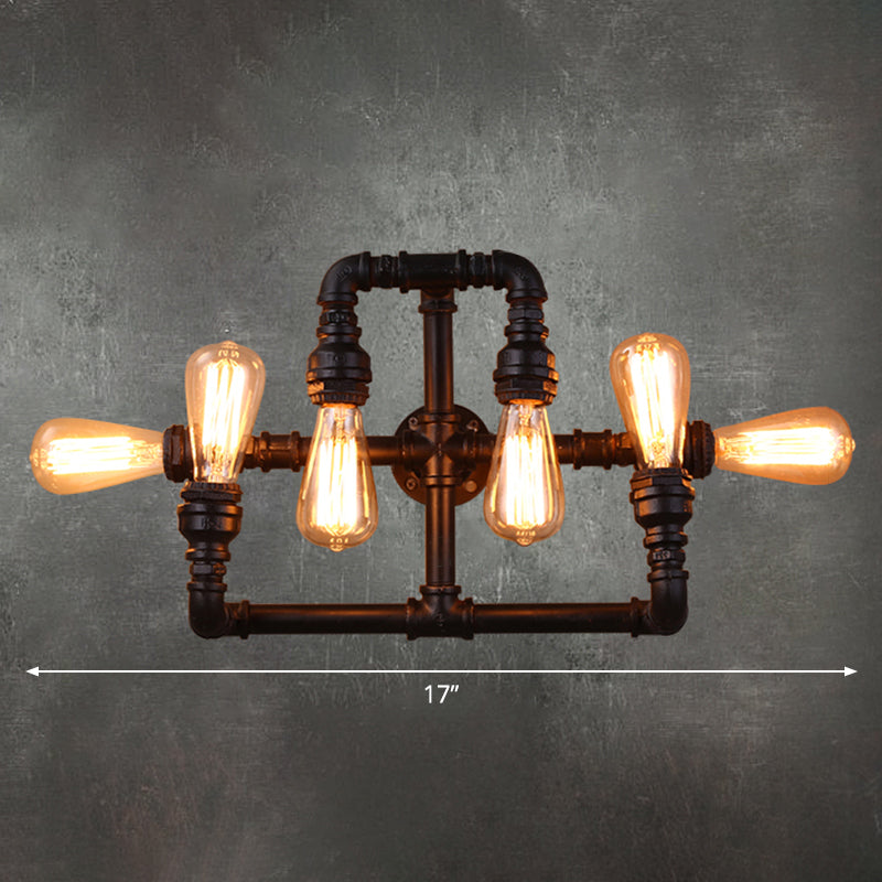 Antique Style Pipe Wall Lighting 6 Heads Iron Wall Mount Light in Black for Restaurant