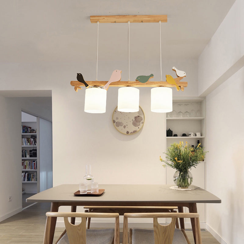 Cylindrical LED Hanging Lamp Simplicity Cream Glass Dining Room Island Chandelier Light with Wooden Bird
