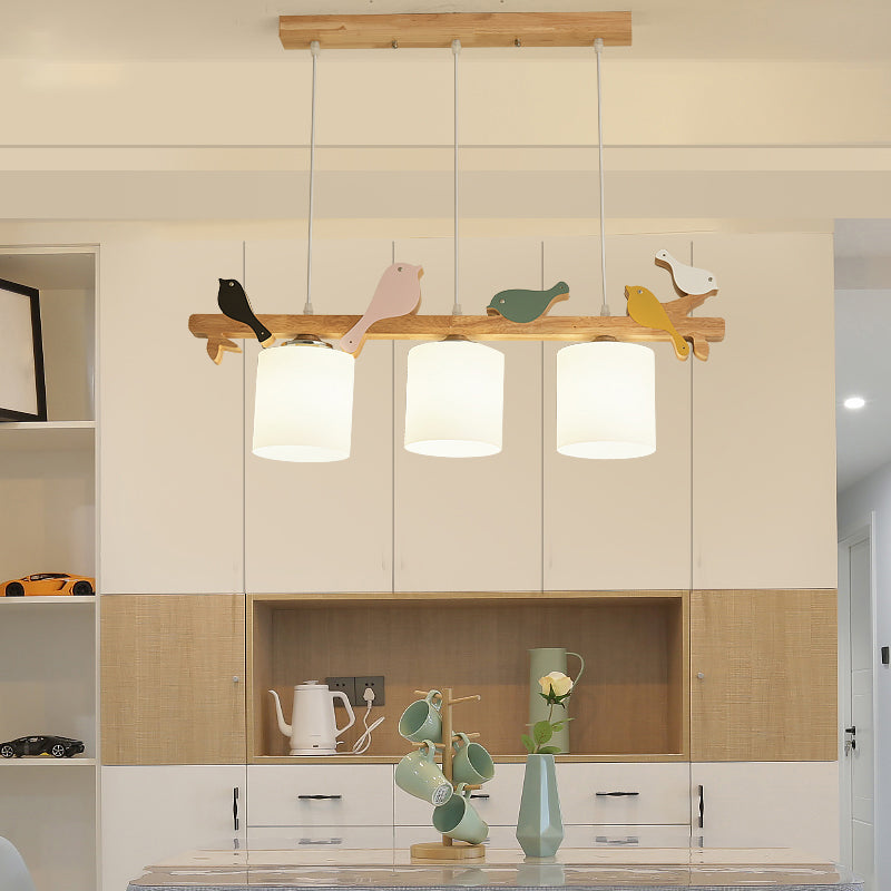 Cylindrical LED Hanging Lamp Simplicity Cream Glass Dining Room Island Chandelier Light with Wooden Bird