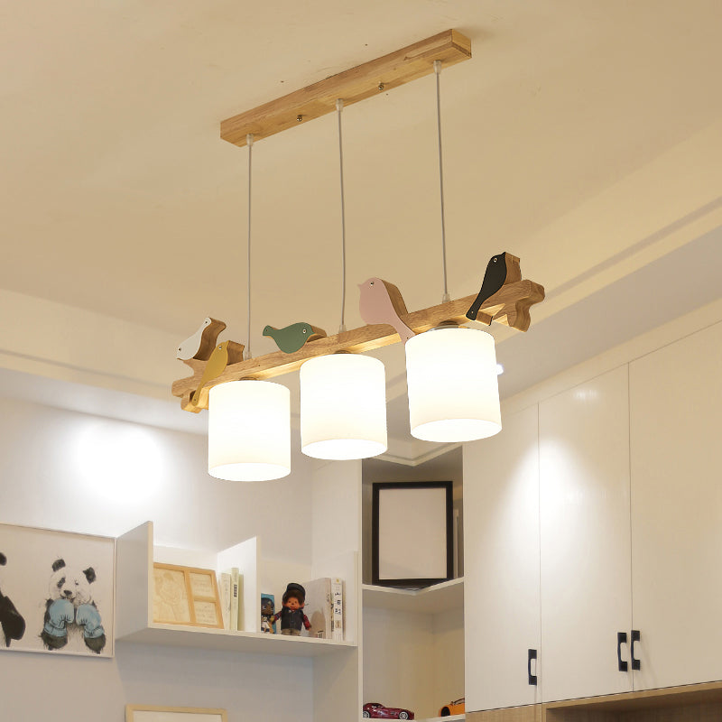 Cylindrical LED Hanging Lamp Simplicity Cream Glass Dining Room Island Chandelier Light with Wooden Bird