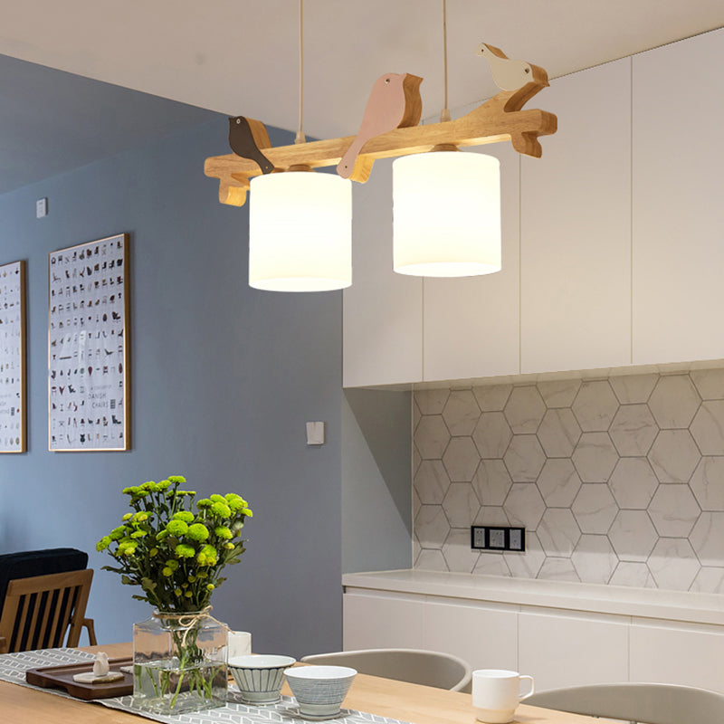 Cylindrical LED Hanging Lamp Simplicity Cream Glass Dining Room Island Chandelier Light with Wooden Bird