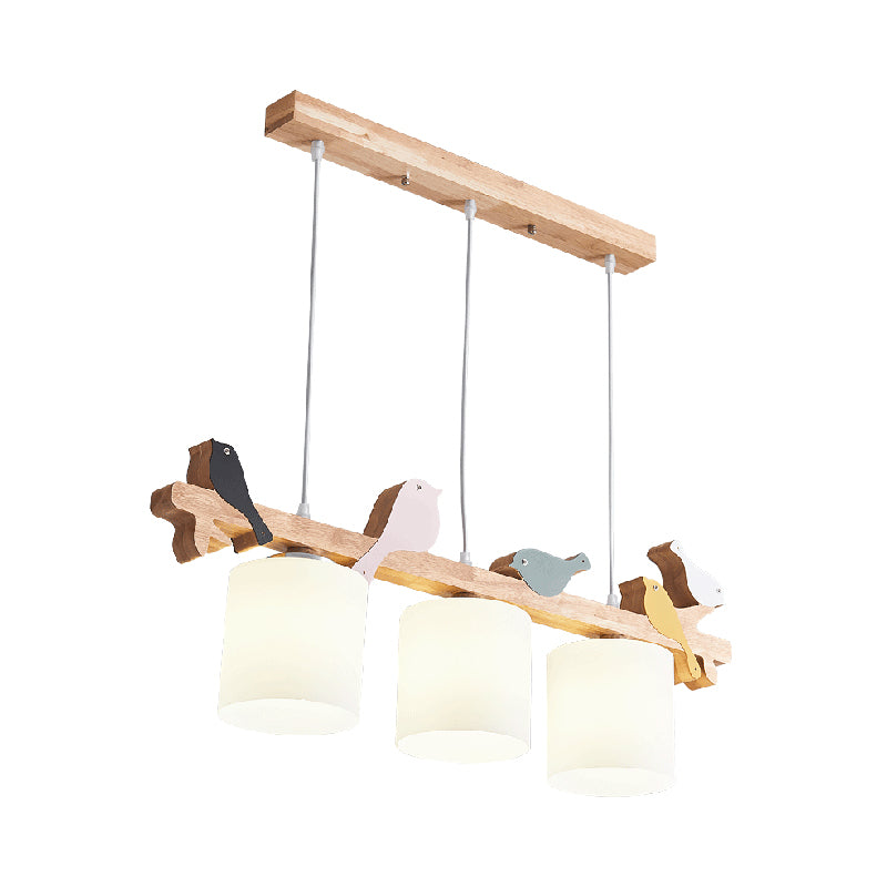Cylindrical LED Hanging Lamp Simplicity Cream Glass Dining Room Island Chandelier Light with Wooden Bird