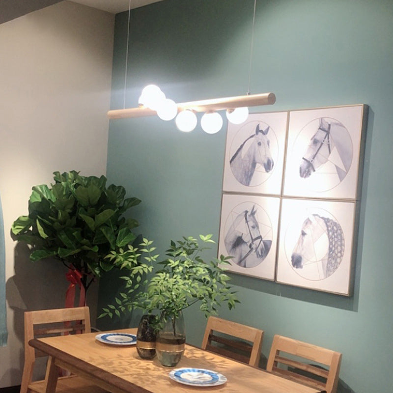 Ball Island Pendant Light Minimalist Cream Glass Restaurant LED Ceiling Light in Wood