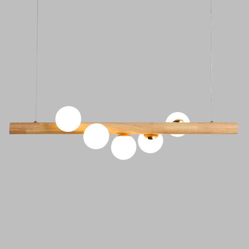 Ball Island Pendant Light Minimalist Cream Glass Restaurant LED Ceiling Light in Wood